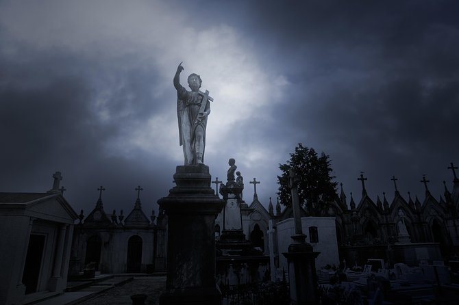 Cemetery and Ghost BYOB Bus Tour in New Orleans - Masonic Temple Cemetery #2 after nightfall